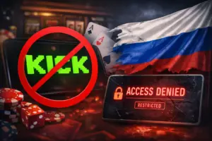 Kick ограничила доступ к азартным стримам: логотип платформы с запретным знаком, символы казино и сообщение «Access Denied» на фоне флага России