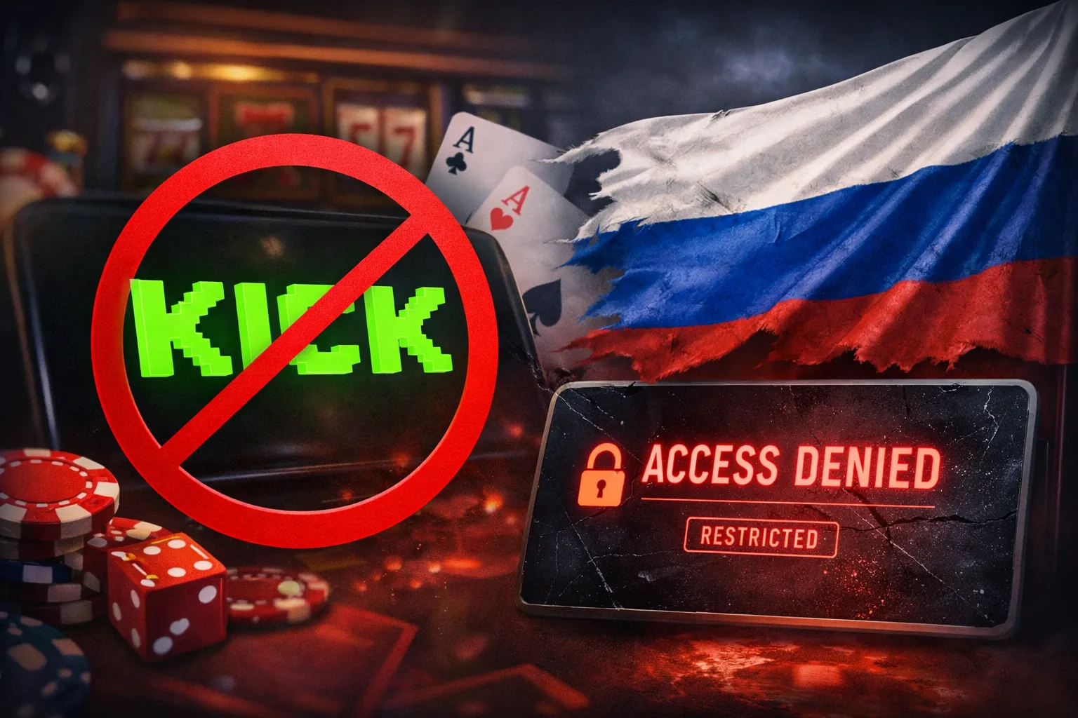 Kick ограничила доступ к азартным стримам: логотип платформы с запретным знаком, символы казино и сообщение «Access Denied» на фоне флага России
