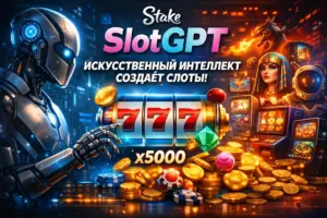 Иллюстрация SlotGPT от казино STAKE — искусственный интеллект создаёт игровые слоты, футуристический робот, слот-машина с джекпотом x5000 и казино-символика